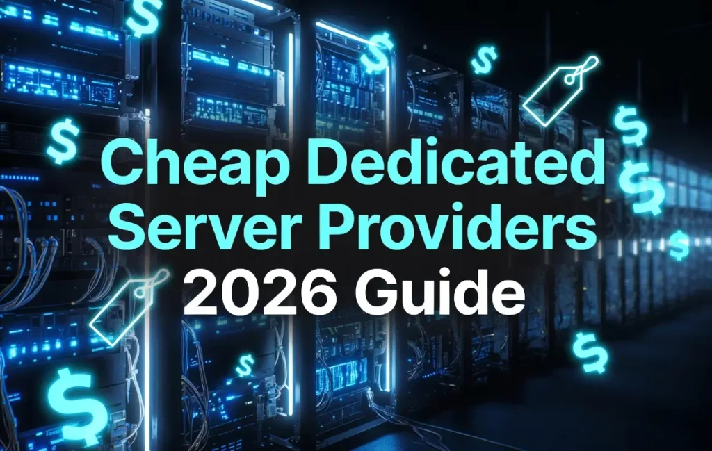 Cheap Dedicated Server Providers 2026 Guide - Best budget dedicated hosting options with glowing server racks and dollar savings