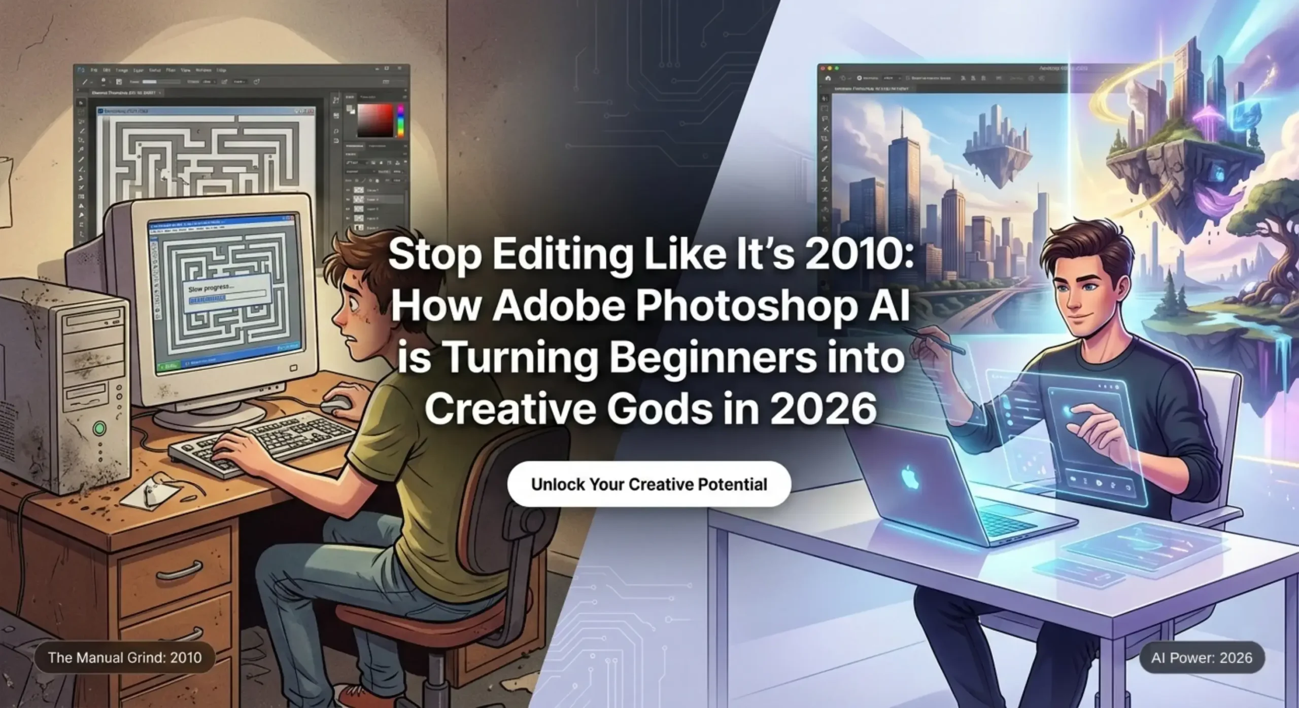 A split-screen digital illustration comparing a frustrated designer in 2010 using a bulky CRT monitor versus a confident creator in 2026 using Adobe Photoshop AI on a futuristic laptop to instantly generate a surreal floating city.