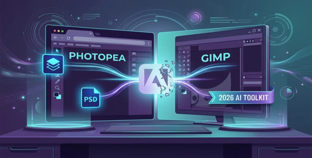 Photopea and GIMP as the Best Free Photoshop alternative in 2026 featuring AI toolkit and PSD support.