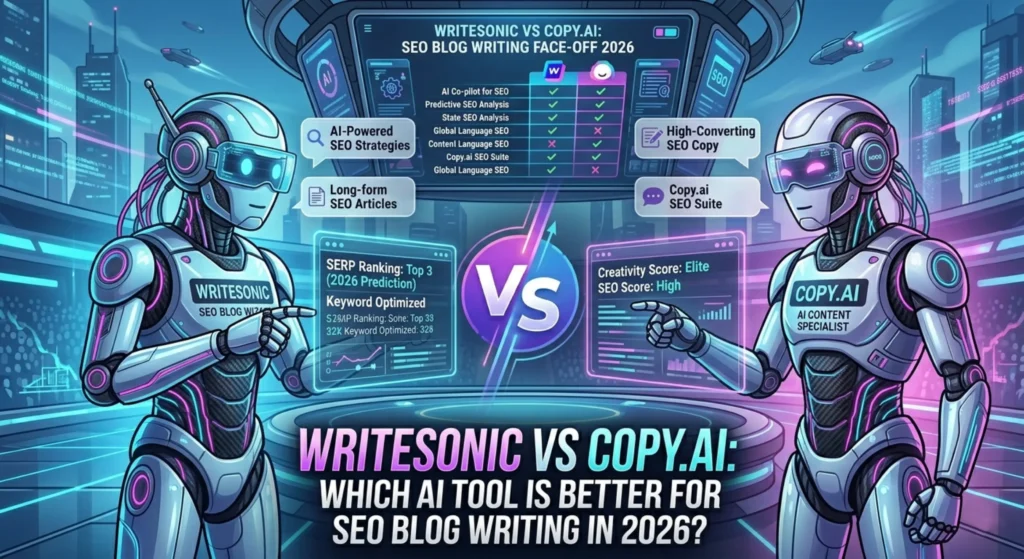 Futuristic comparison infographic between Writesonic and Copy.ai for SEO blog writing in 2026, featuring two robots.