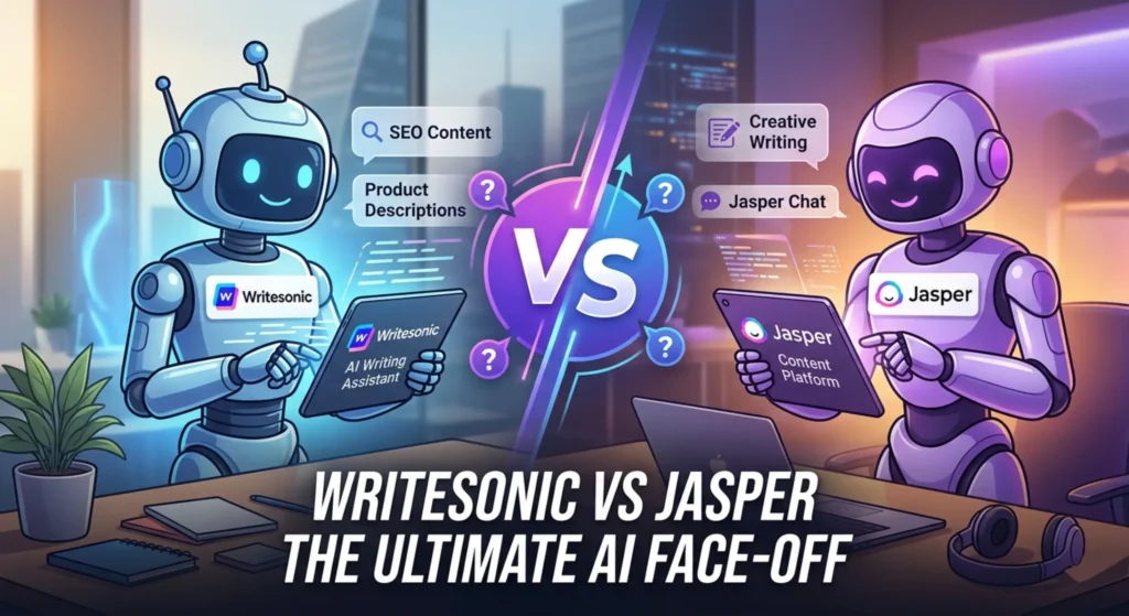 Two AI robots at office desks comparing Writesonic and Jasper AI tools on tablets.