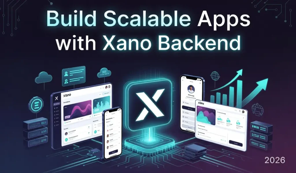 Xano logo at center connected to multiple mobile and web app screens with glowing neon data flows on a dark futuristic background.