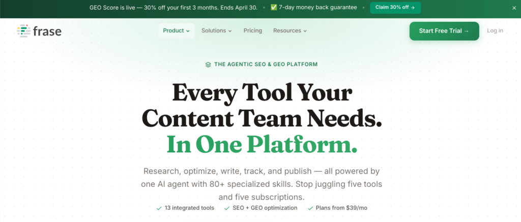 Frase.io Review showcasing the all-in-one AI agent for SEO content teams.