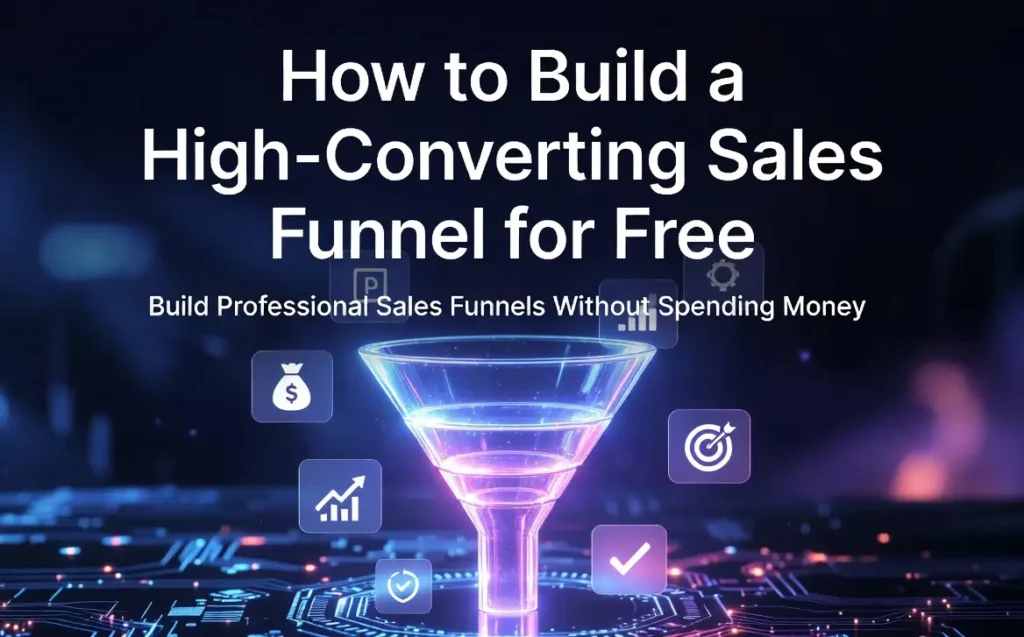High-converting sales funnel illustration showing how to build professional sales funnels for free with glowing stages and conversion icons