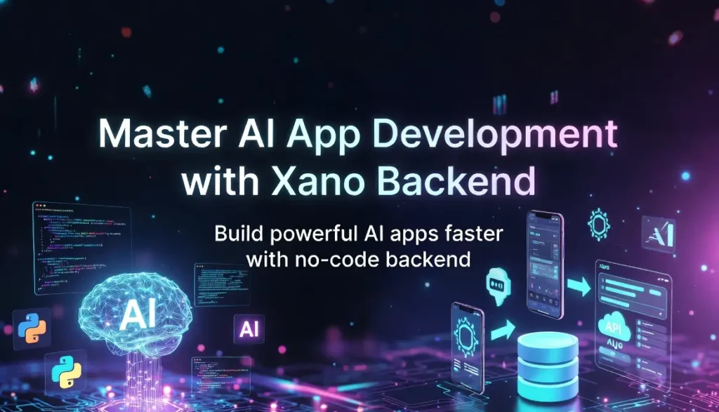 Master AI App Development with Xano Backend - Hero banner showing futuristic AI brain connected to mobile apps and Xano no-code backend