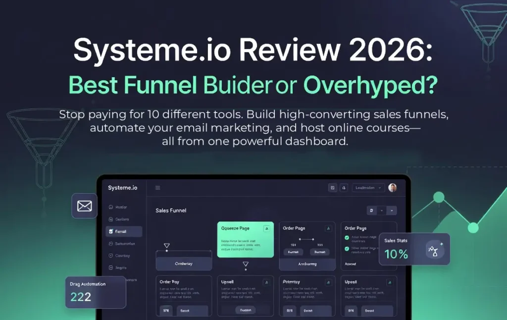 Dashboard view of Systeme.io showing sales funnel stages, order pages, and 10% sales stats on a dark themed UI.