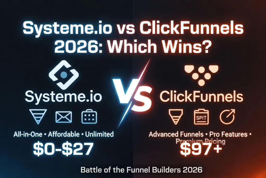 Systeme.io vs ClickFunnels 2026 battle comparison image. Left side shows Systeme.io with affordable pricing $0-$27 and all-in-one features. Right side shows ClickFunnels with advanced funnels and premium pricing $97+. Big VS in the center with the title "Systeme.io vs ClickFunnels 2026: Which Wins?"