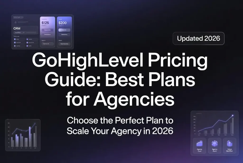GoHighLevel Pricing Guide 2026 - Best Plans for Agencies. Professional hero banner showing pricing plans, CRM dashboards and growth charts for digital marketing agencies.