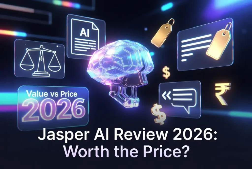 Futuristic Jasper AI review 2026 hero image showing glowing AI brain with holographic price tags, balance scale, and text generation icons asking "Worth the Price?"