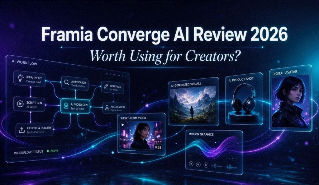 Futuristic AI workflow canvas showing Framia Converge AI tools for video, design and creators in 2026.